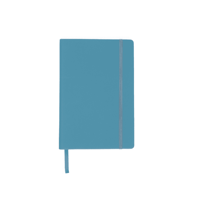 A turquoise A5 notebook with an elastic band closure and a ribbon bookmark. It features a logo on the cover.