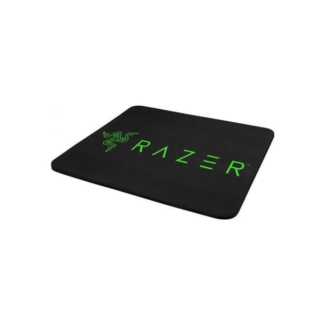 A black mouse mat with a textured top surface, featuring a green logo on one side.