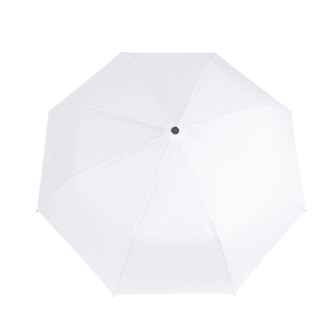 A white umbrella with a central black button, featuring a simple design and vented canopy for improved airflow.