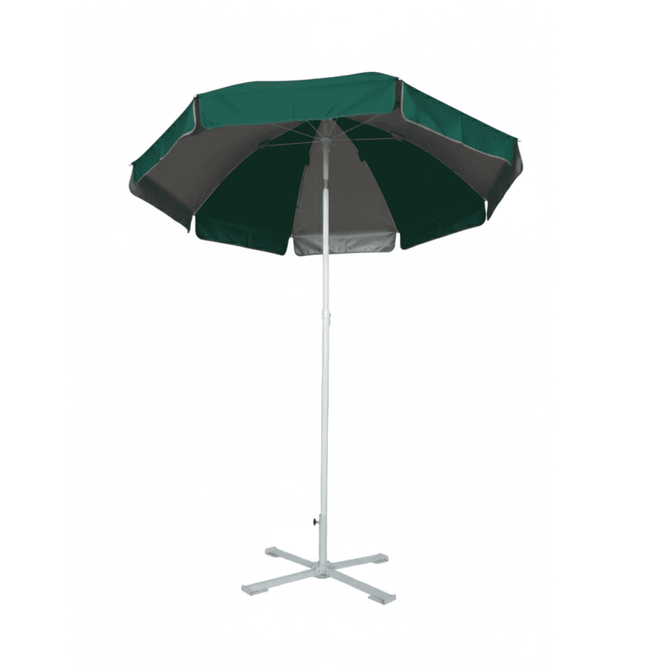 A green and grey beach umbrella with a sturdy white frame and a four-legged base. It features a central pole for support.