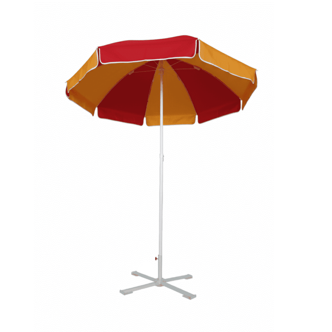 A beach umbrella in red and yellow with a white frame and a four-legged base. It features a logo on the canopy.
