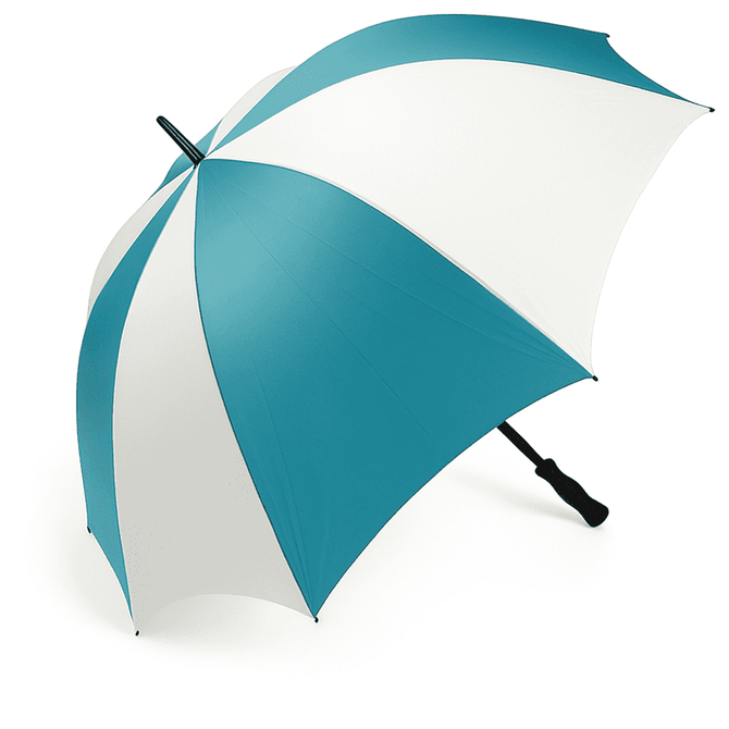 A golf umbrella featuring a teal and white design with a sturdy black handle and a branding logo.