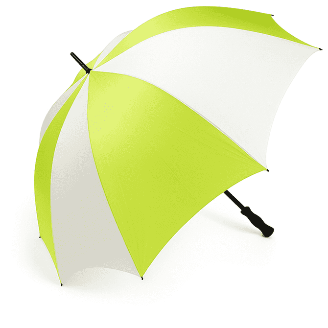 A golf umbrella featuring a vibrant green and white design, with a black handle and a logo on the canopy.