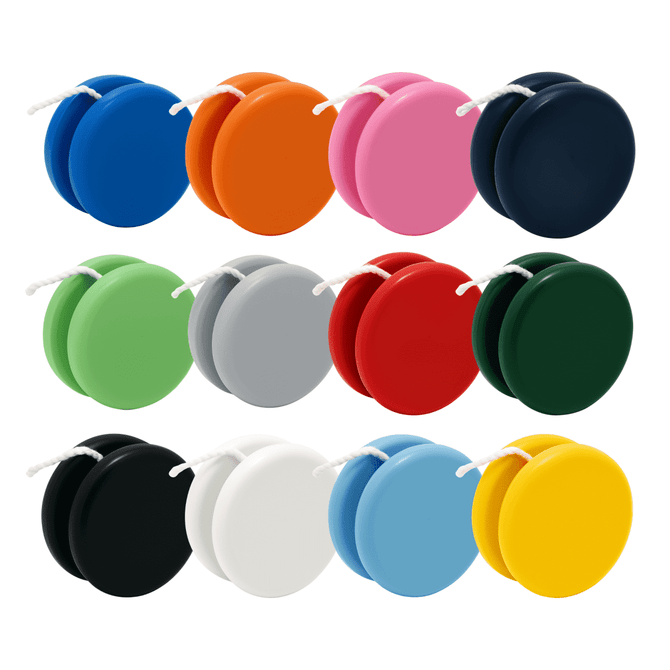 A variety of premium plastic yoyos in blue, orange, pink, navy, green, grey, red, black, white, light blue, and yellow.