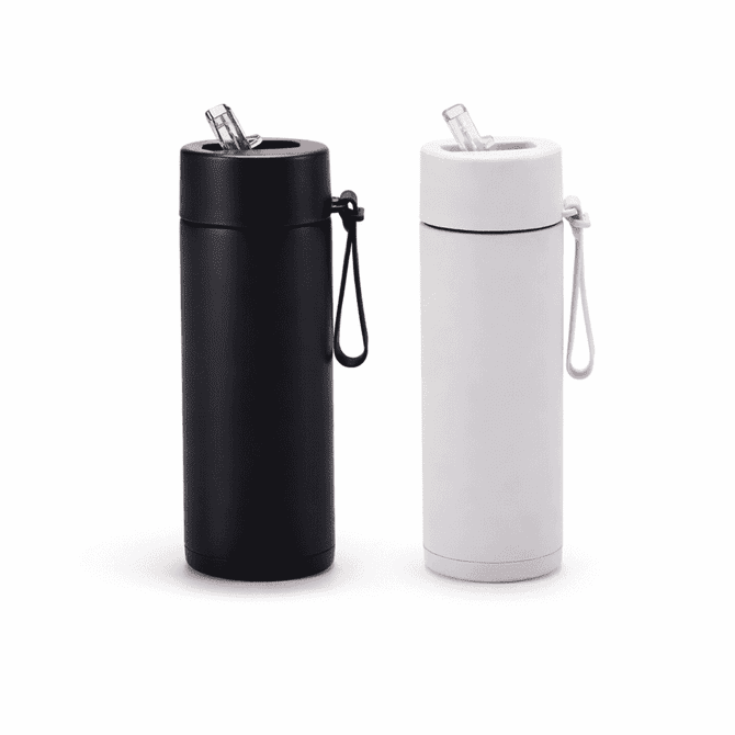 A drink bottle featuring a 650ml stainless steel thermos in black and white, with a silicone handle and a straw.