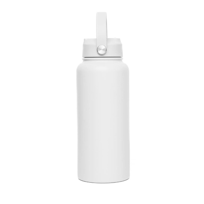 A drink bottle in white with a screw-on lid and a handle, designed for vacuum insulation. Features a logo.