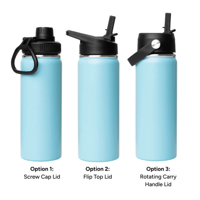 A drink bottle in light blue with three different lid options: screw cap, flip top, and rotating carry handle.