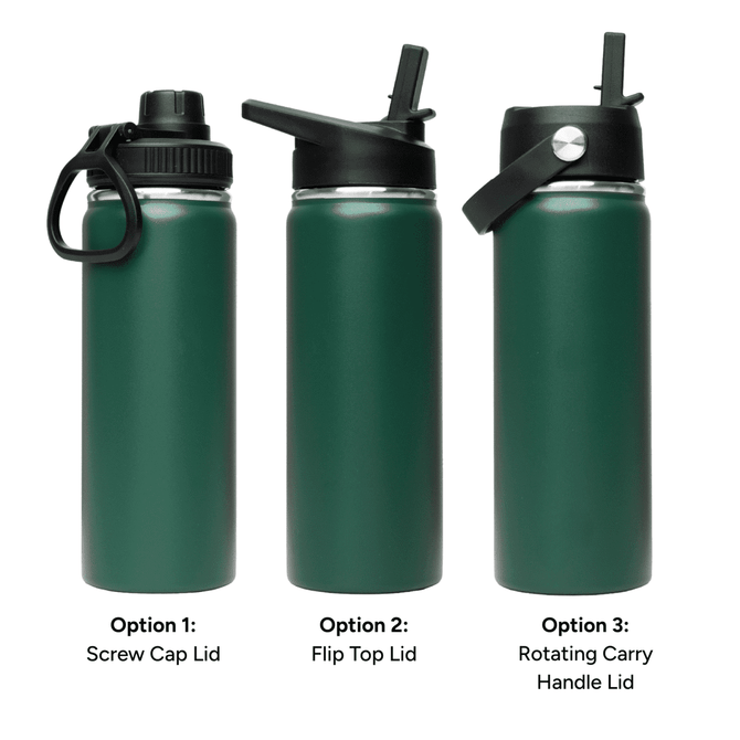 A drink bottle in green with three different lid options: screw cap, flip top, and rotating carry handle.