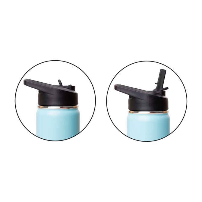 A drink bottle with a light blue body and black flip top lid, featuring a logo.