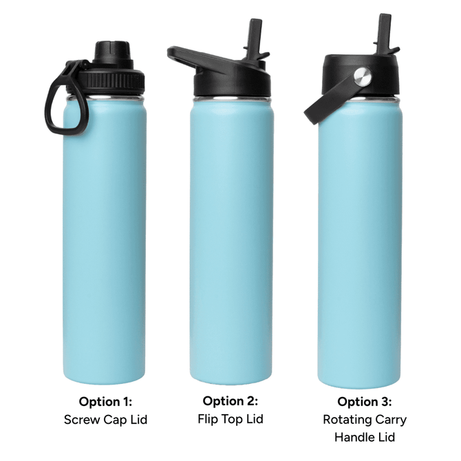 A drink bottle in light blue featuring three lid options: screw cap, flip top, and rotating carry handle.