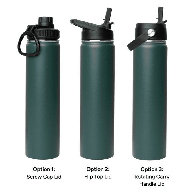 A drink bottle in green, featuring three lid options: screw cap, flip top, and rotating carry handle.