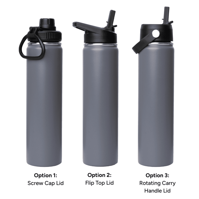 A drink bottle featuring a sleek grey design with three different lid options: screw cap, flip top, and rotating carry handle.