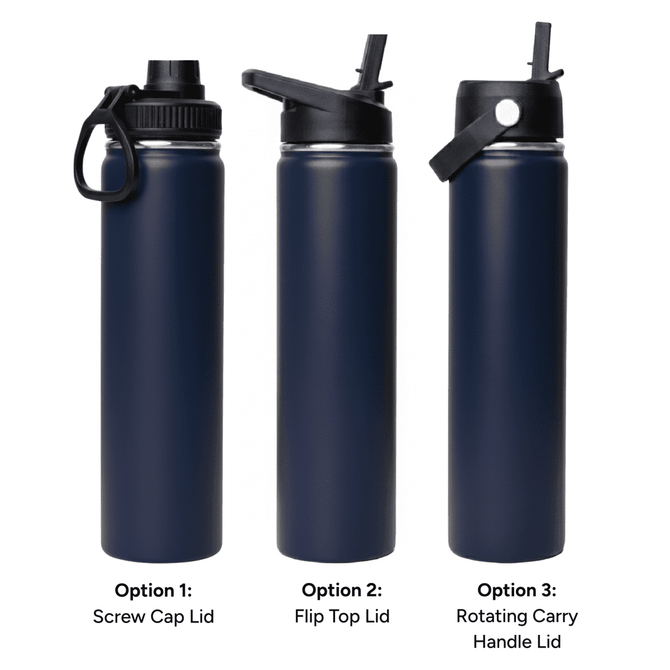 A drink bottle featuring a dark navy finish, with three lid options: screw cap, flip top, and rotating carry handle.