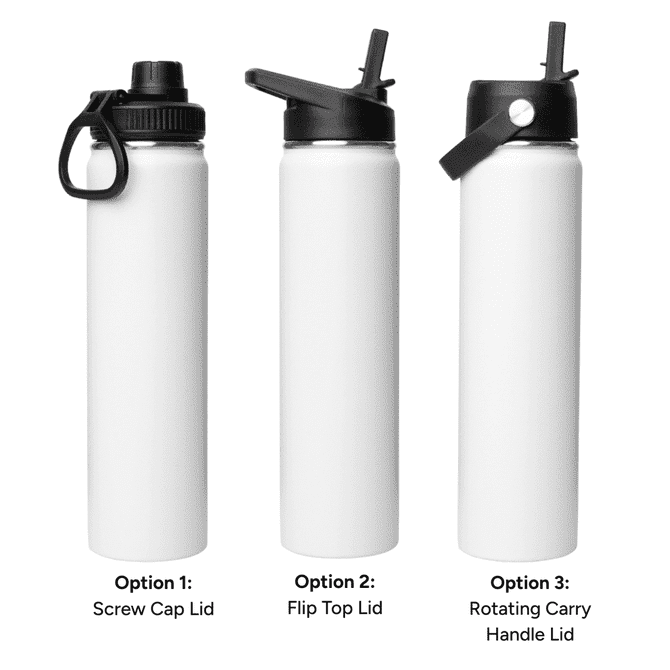 A drink bottle with a sleek white design featuring three lid options: screw cap, flip top, and rotating carry handle.