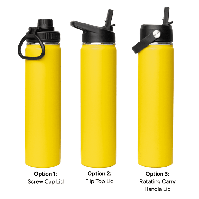 A drink bottle in yellow with three different lid options: screw cap, flip top, and rotating carry handle.