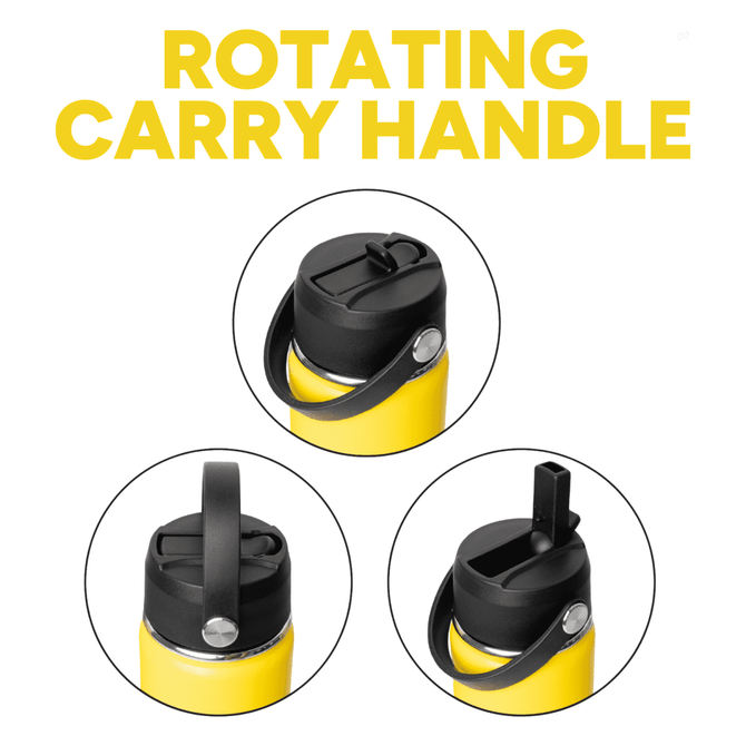 A drink bottle in bright yellow with three different black lid options and a rotating carry handle.