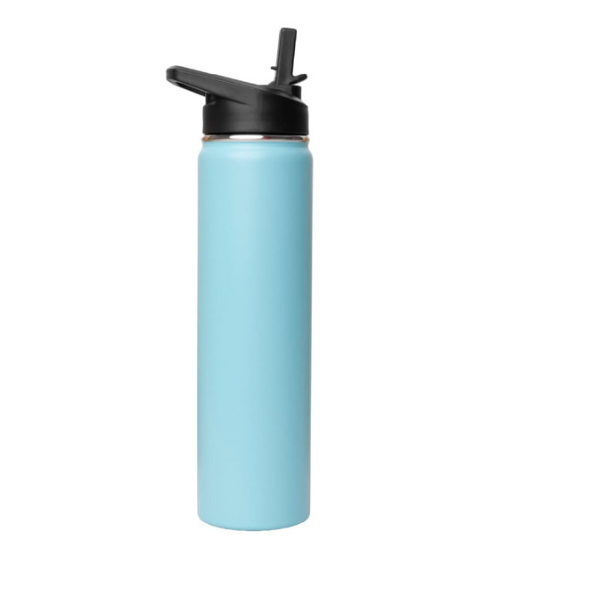 A drink bottle in light blue with a black flip top lid and a logo. Suitable for keeping beverages hot or cold.