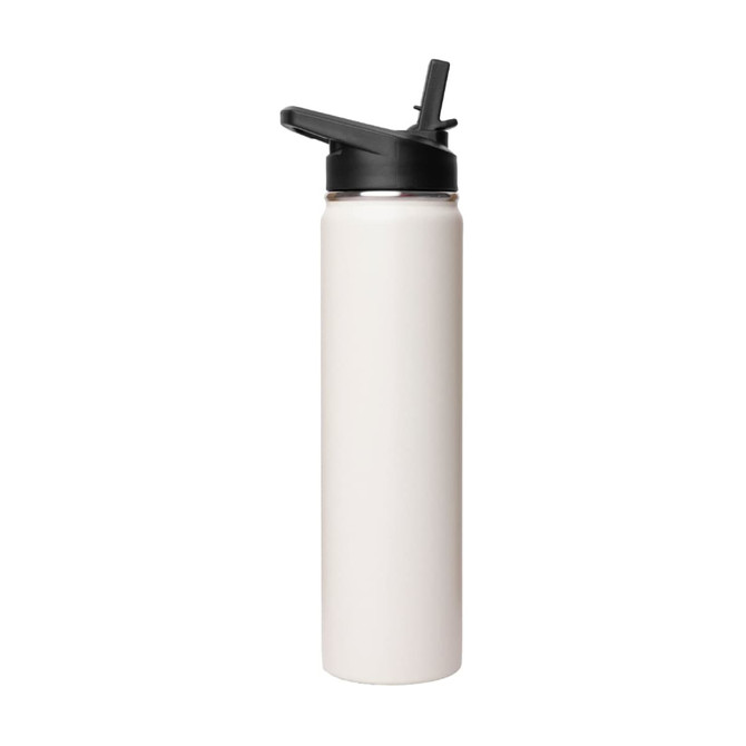 A drink bottle featuring a sleek design in cream colour with a black flip top lid and logo.