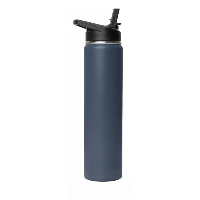 A drink bottle with a flip top lid, featuring a matte navy blue finish and a black lid. It has a logo.