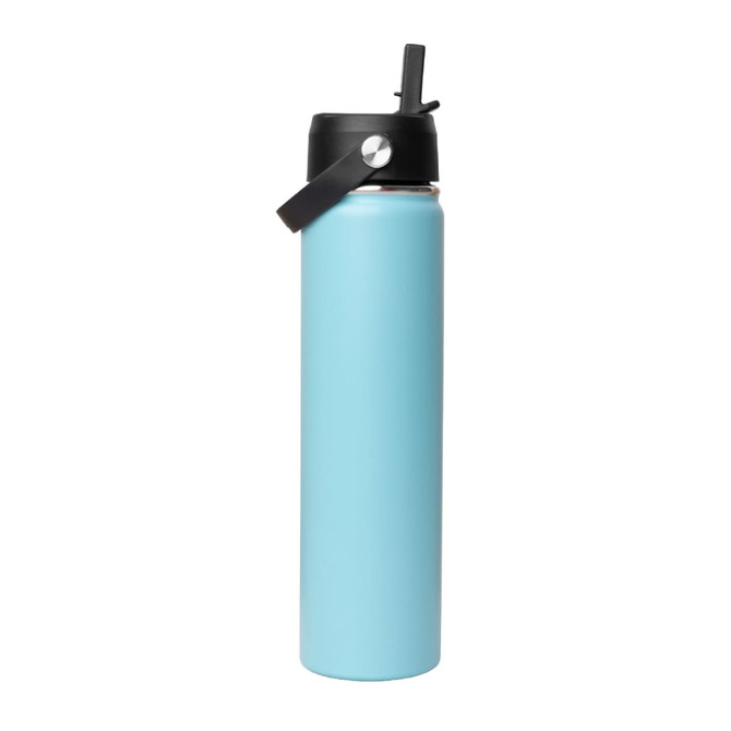 A drink bottle in light blue with a black rotating carry handle lid and a logo.