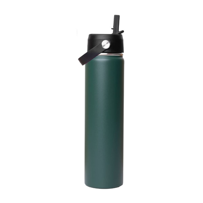 A drink bottle in dark green with a black rotating carry handle lid and a logo. Suitable for drinkware.