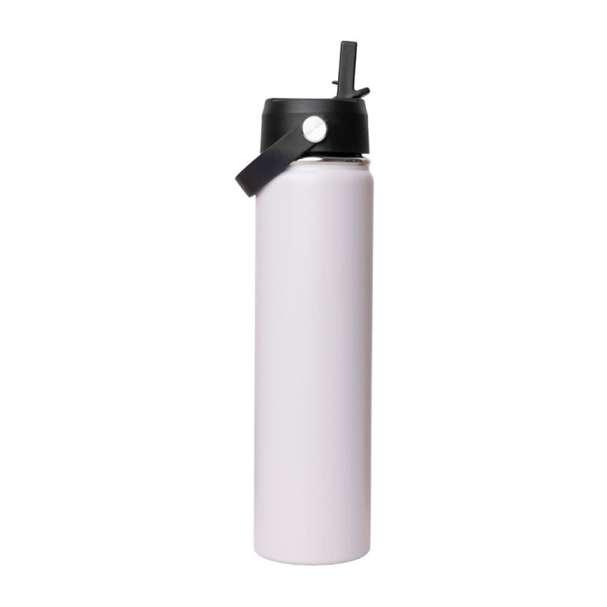 A drink bottle in a soft pink colour with a black rotating carry handle lid and a logo.
