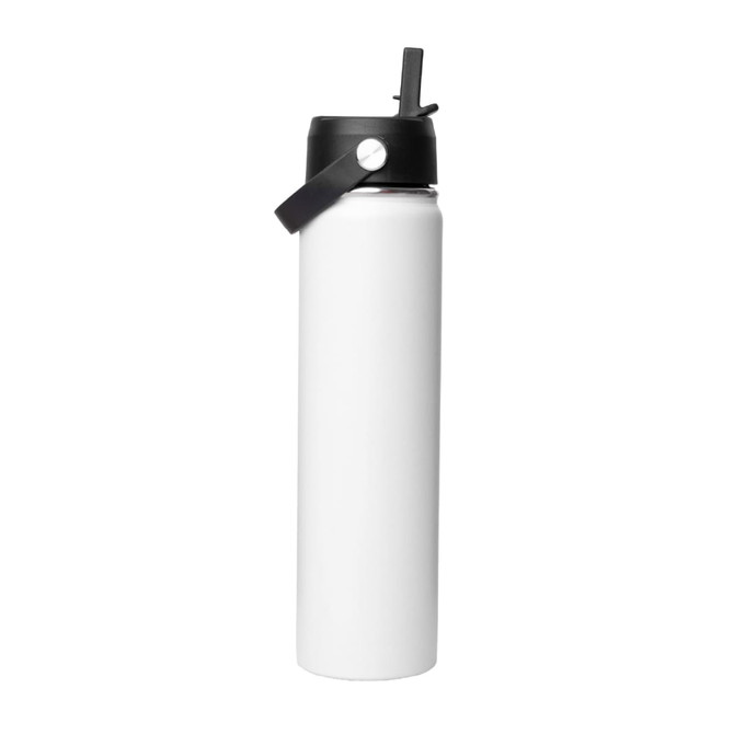 A drink bottle in white with a black rotating carry handle lid and a logo. Ideal for staying hydrated on the go.