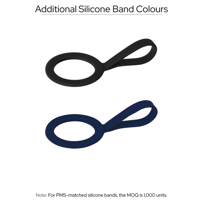 A drink bottle accessory featuring two silicone bands in black and navy blue, each with a loop design for attachment.