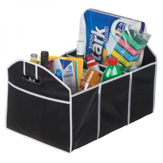 A black expandable boot organiser with multiple compartments, containing various bottles, cleaning products, and stationery.