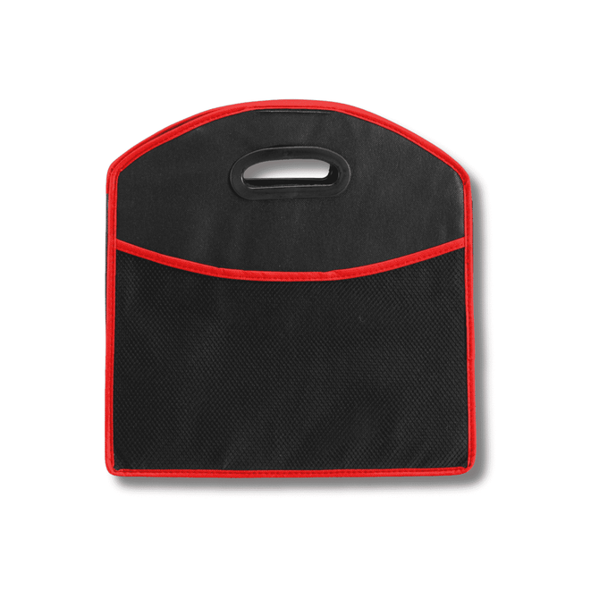 A black expandable boot organizer with red trim and a handle, featuring a front mesh pocket.