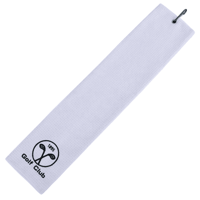 A white sandless golf towel featuring a logo, designed for leisure and outdoor activities.