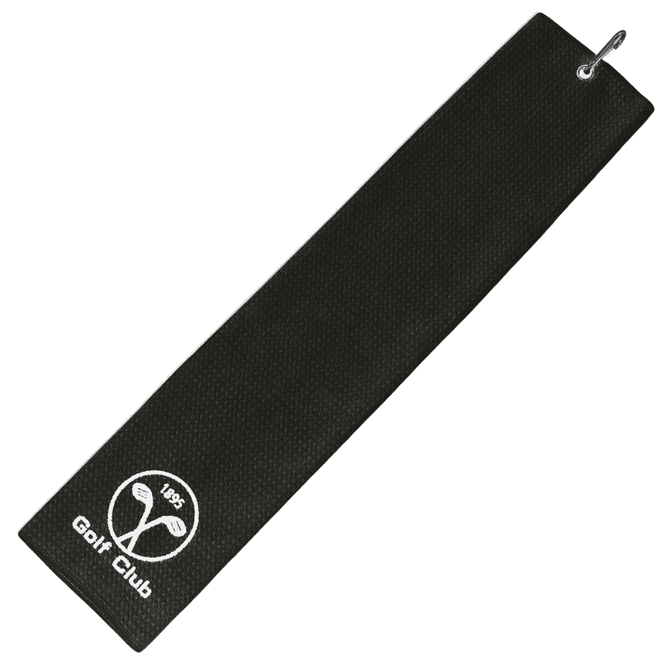 A black golf towel with a textured surface and a loop for hanging, featuring a logo at one end.