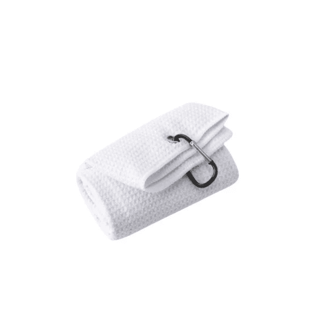 A white Sandless Golf Towel rolled and secured with a carabiner clip, featuring a textured surface.