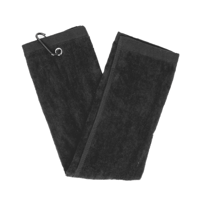 A black cotton golf towel with a metal clip for easy attachment and storage.