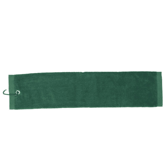 A dark green cotton golf towel featuring a loop for easy attachment. It has a smooth, textured surface.