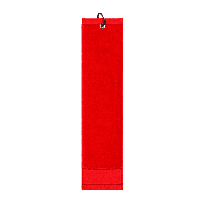 A red cotton golf towel with a hanging loop and a simple design. It features one logo on the surface.