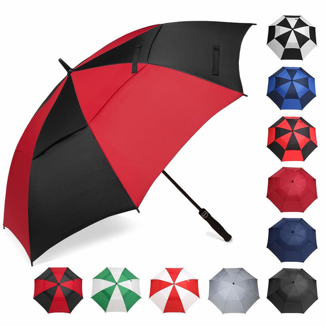 A large red and black golf umbrella with a sturdy handle, surrounded by various other umbrella colours and designs.