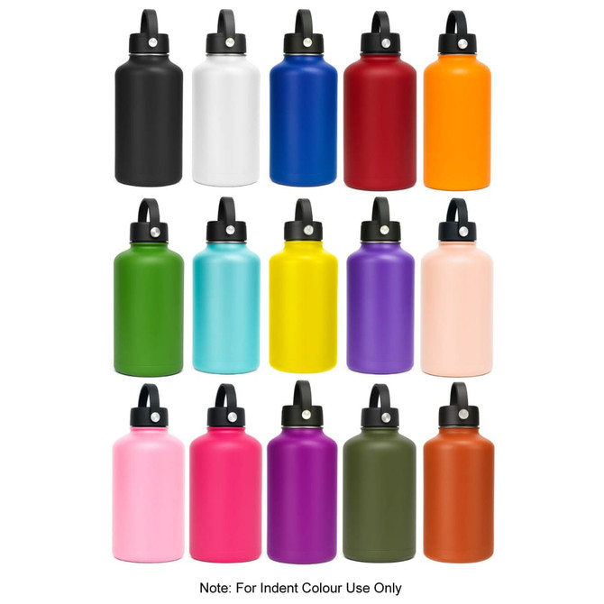 A drink bottle collection featuring various vibrant colours, including black, white, orange, green, and purple, with a rotating carry handle lid.