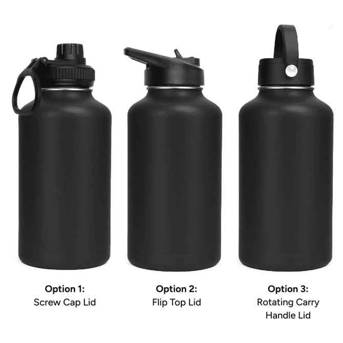 A drink bottle set featuring three black vacuum bottles with different lid options: screw cap, flip top, and rotating carry handle.