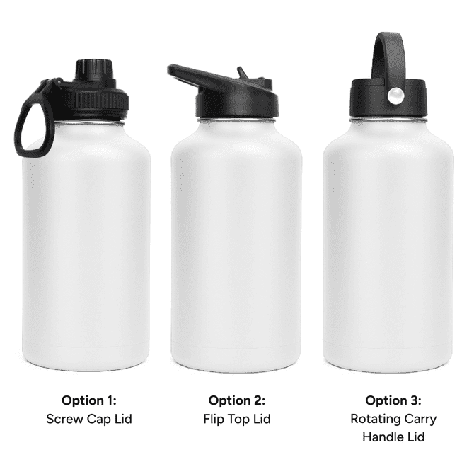 A drink bottle featuring three lid options: screw cap, flip top, and rotating carry handle, in a sleek white design.