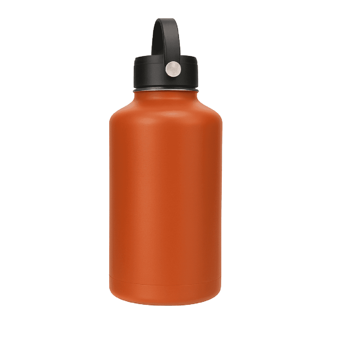 A drink bottle in orange with a black rotating carry handle lid and a sleek design. Features a logo on the lid.