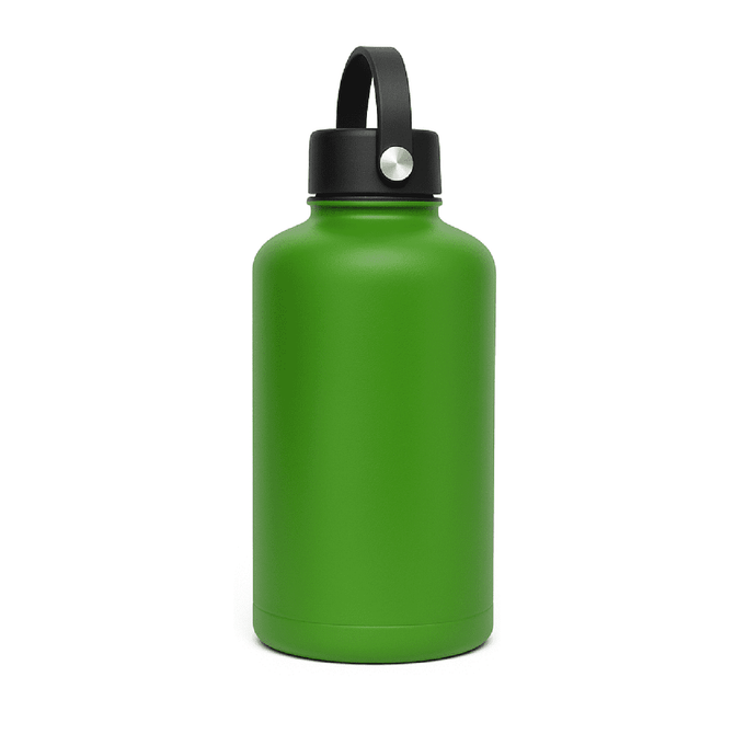 A drink bottle in vibrant green with a black rotating carry handle lid. It features a logo on the body.