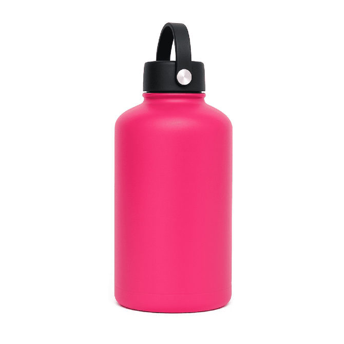 A drink bottle in vibrant pink with a black lid and a rotating carry handle. It features a logo on the side.