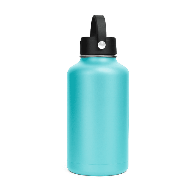 A drink bottle in a turquoise colour with a black rotating carry handle lid and a logo.