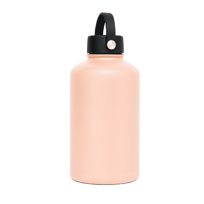A drink bottle in a soft peach colour with a black rotating carry handle lid and a logo.