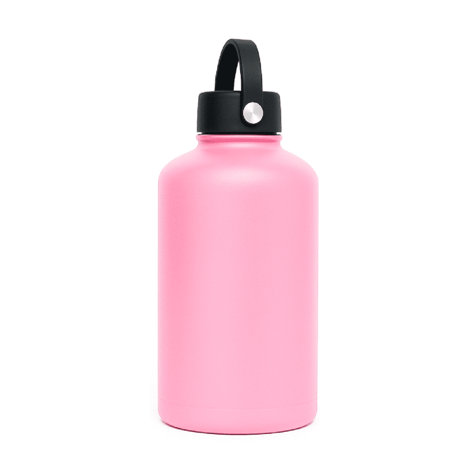A drink bottle in vibrant pink with a black rotating carry handle lid. Features a logo on the body.