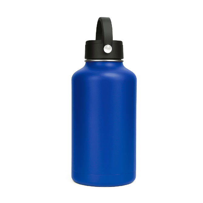 A drink bottle in a vibrant blue colour with a black rotating carry handle lid and a logo.