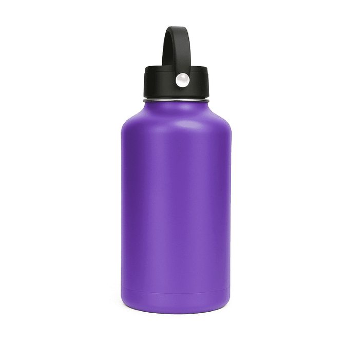 A drink bottle in vibrant purple, featuring a black rotating carry handle lid and a logo on the body.