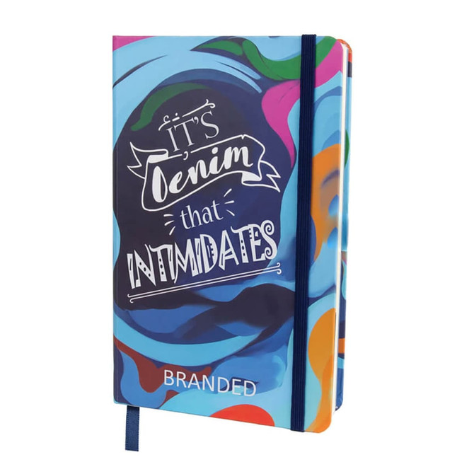 A5 full colour hard cover notebook featuring a vibrant swirl design and an elastic closure. Includes branding.