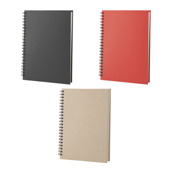 A set of three Gulliver A5 spiral bound notebooks in black, red, and beige, featuring a logo on the cover.
